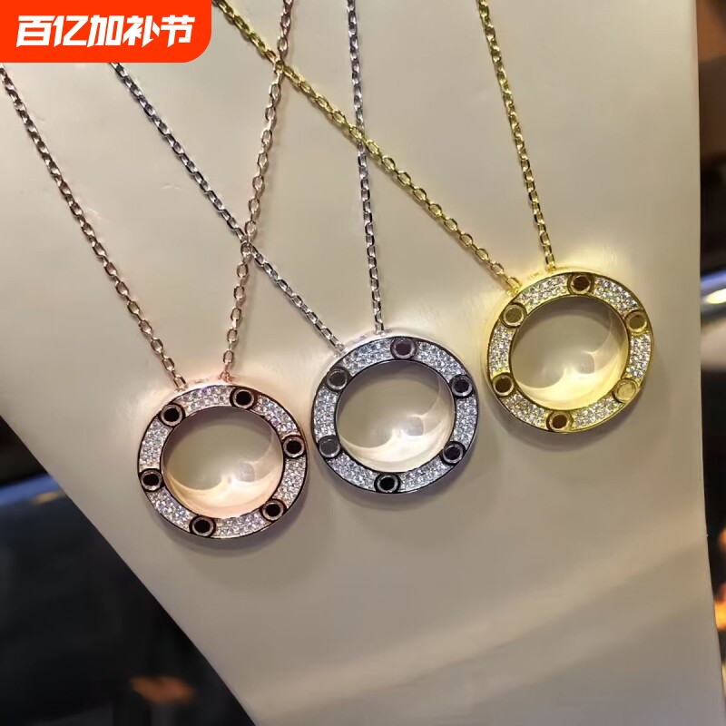 高级感LOVE项链大饼满钻双环锁骨链情侣款礼物玫瑰金白金钉子黄金