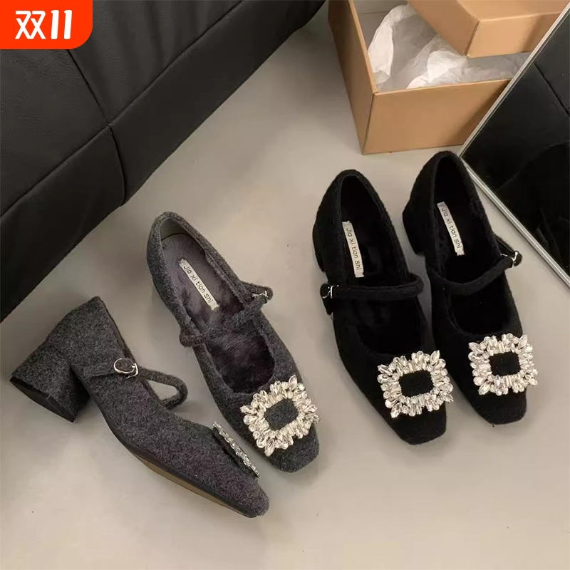 粗跟气质玛丽珍鞋法式晚晚方头水钻呢子毛毛鞋女秋冬外穿高跟单鞋