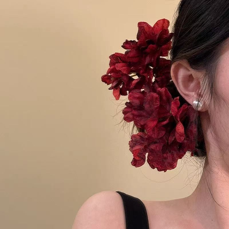 侧边绣球花发夹发卡发饰红色头饰新娘仿真汉服旗袍写真玫瑰花花朵