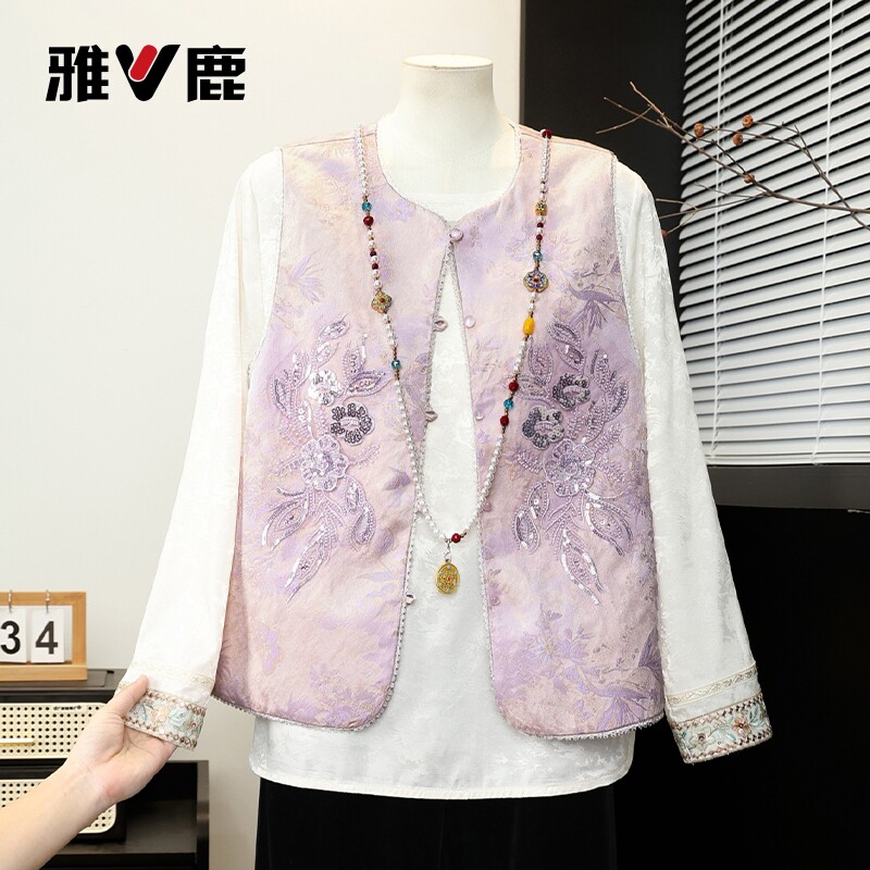 雅鹿正品新中式中年妈妈春装马甲女春秋背心外套新款国风马夹紫色