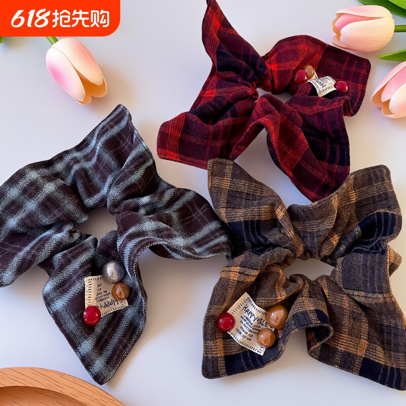 发饰方巾大肠发圈ins风头饰秋冬新款饰品头绳发绳可爱格子毛红色