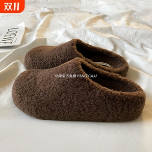 外穿毛绒黑色 保暖加绒包头半拖鞋 方鱼鹿ins毛毛拖鞋 女2025秋冬季
