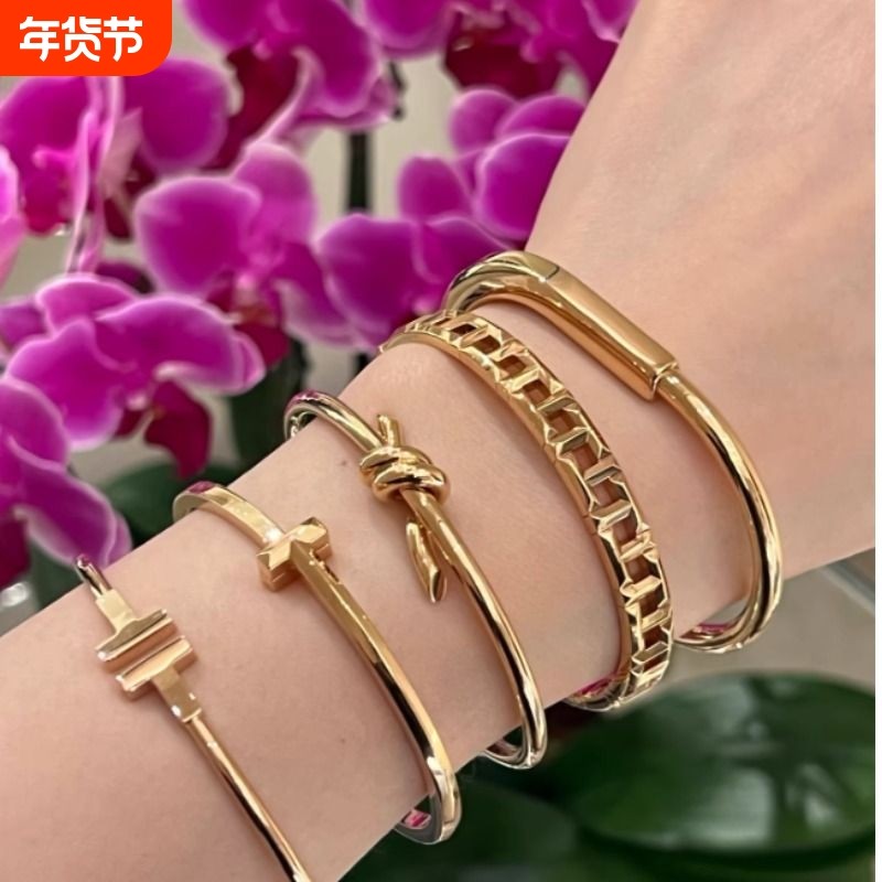 高级金色kont绳结手镯扭结扭绳手环轻奢饰品黄金光面玫瑰金白金