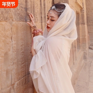 防晒丝纱巾迪拜沙漠旅游头巾棉麻民族风披肩围巾女流苏黑色旅行