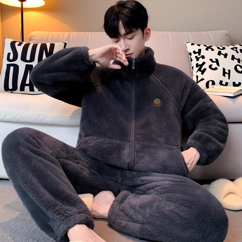 秋冬新款雪花绒可外穿男大码宽松加绒加厚保暖家居服睡衣套装外出
