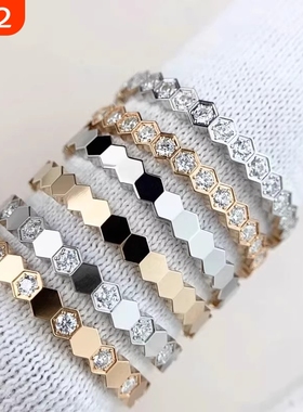 轻奢蜂巢戒指女满钻镀18k玫瑰金蜂窝叠戴半排钻高级感食指环