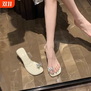 水钻透明仙女粗跟凉拖鞋 女真皮蝴蝶结夏季 凉鞋 高跟不累脚绝美法式