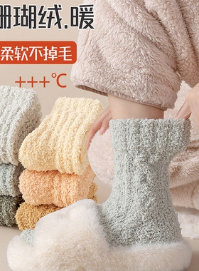 珊瑚绒袜子女款2025新款爆款秋冬加厚加绒中筒袜睡眠毛绒长袜黑色