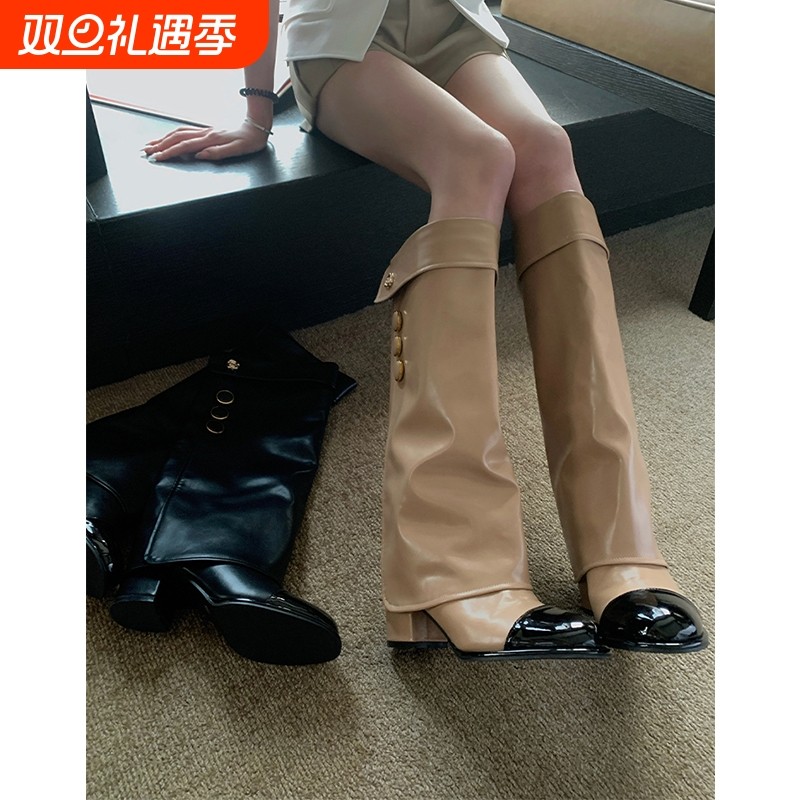 titi小姐姐！骑士靴裤管靴不过膝高筒靴黑色高跟牛皮羊皮杏色圆头