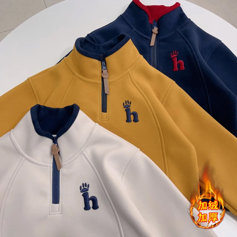 加绒双面慕斯绒秋季拉链亲子卫衣男童女童保暖上衣韩版半高领