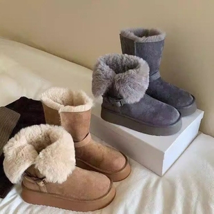 TvAj牛皮版磨砂皮雪地靴女厚绒保暖冬季大棉靴厚底复古短靴