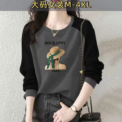 100%纯棉长袖T恤上衣女春秋大码宽松遮肉显瘦外穿拼接薄卫衣G印花