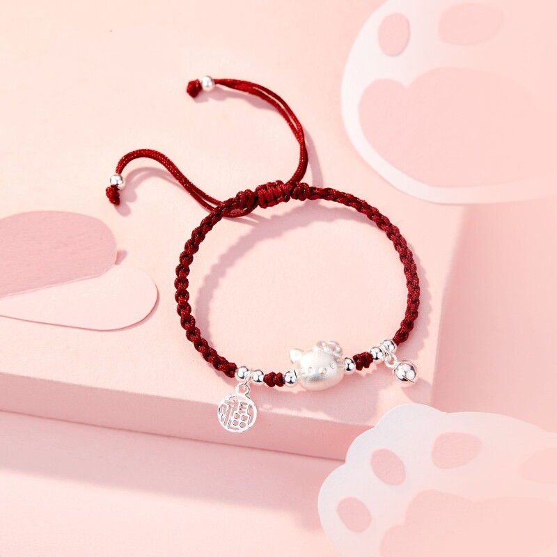 HelloKitty手链女生足银999纯银编织手绳学生送闺蜜红绳生日礼物