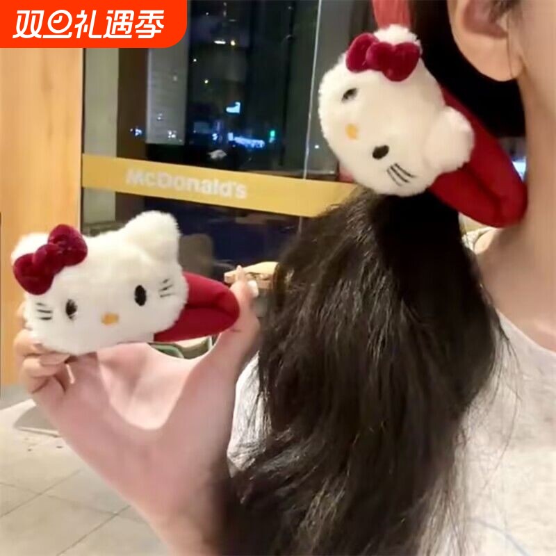 可爱红kt猫掰掰夹发圈毛绒HelloKitty蝴蝶结发夹少女BB