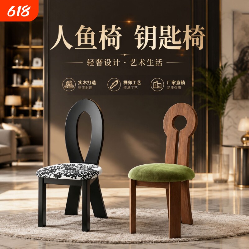 中古风侘寂高级感实木椅子羊羔绒软包餐椅家用餐厅设计靠背餐桌椅