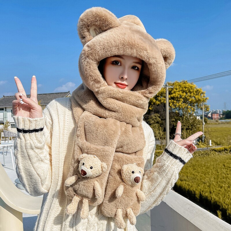 小熊帽子围巾一体女2025年秋冬季可爱连帽骑车手套保暖毛绒三件套
