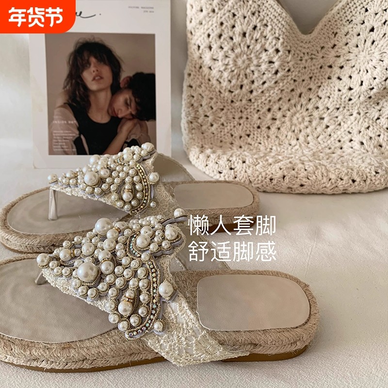 ！坡跟！波西米亚~INS重工小众民族风人字拖女2025凉拖鞋夏度假风