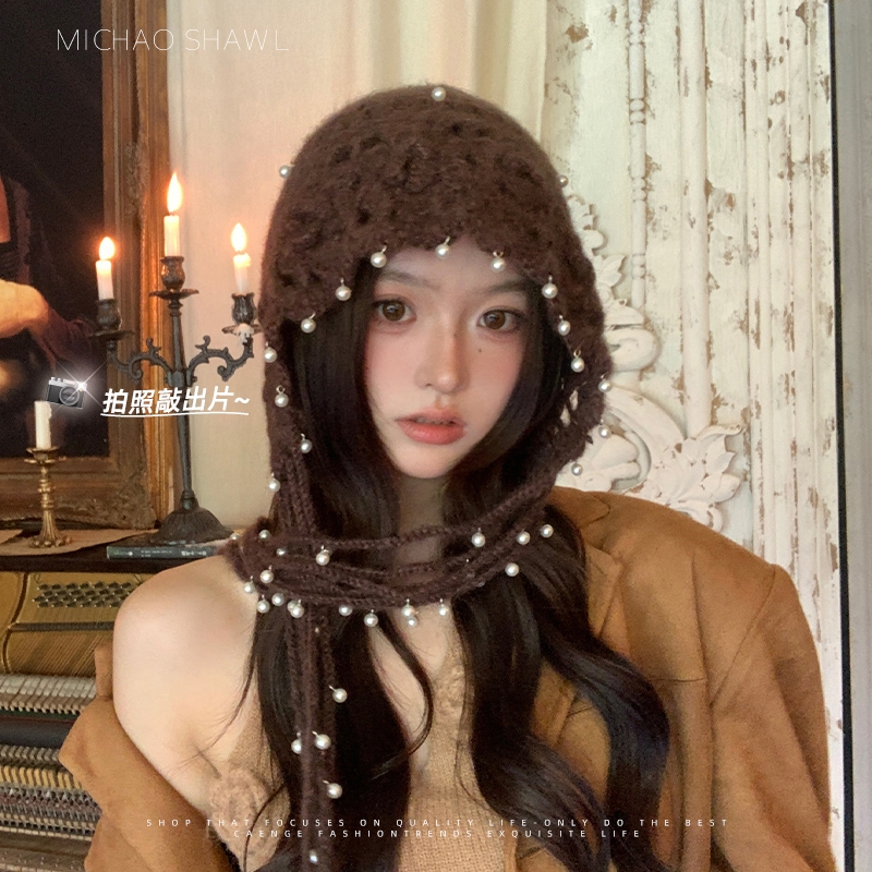 2025新款珍珠镂空针织毛线帽女