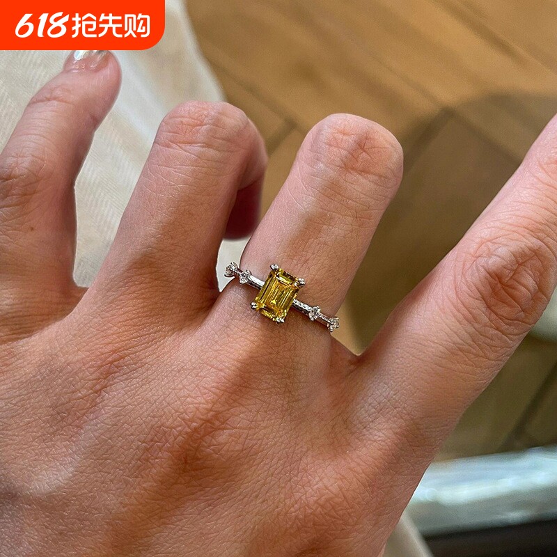 法式冰糖黄钻戒指老钱风轻奢高级感方形时尚戒指手饰品开口可调节