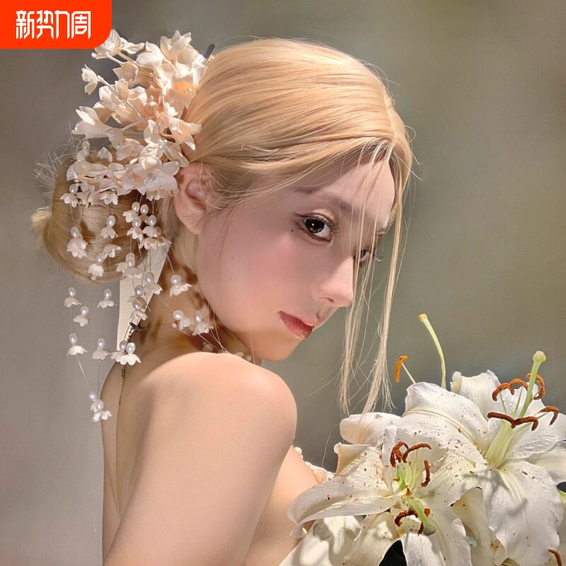 铃兰花朵流苏发夹复古新款新中式花朵紫色发饰品古风旗袍头花配饰