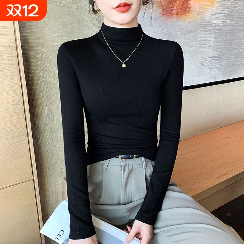 半高领打底衫女正肩短袖t恤女中袖内搭2025新款螺纹春秋夏上衣服