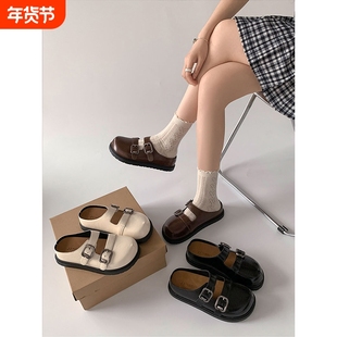 网红爆款黑色厚底包头拖鞋女夏外穿2025新款内增高百搭勃肯半拖鞋