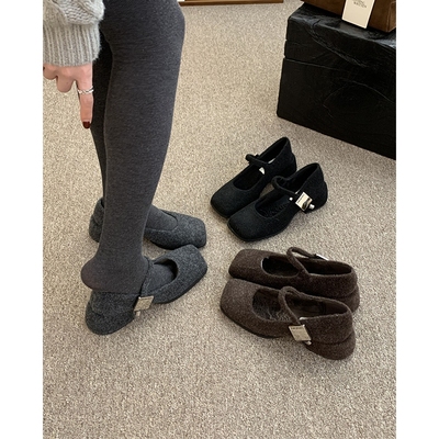 灰色玛丽珍毛毛鞋女冬外穿新款法式复古呢子粗跟单鞋女加绒高跟鞋