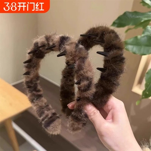发箍新款复古豹纹带齿毛绒女防滑洗脸发卡化妆发饰头箍秋冬