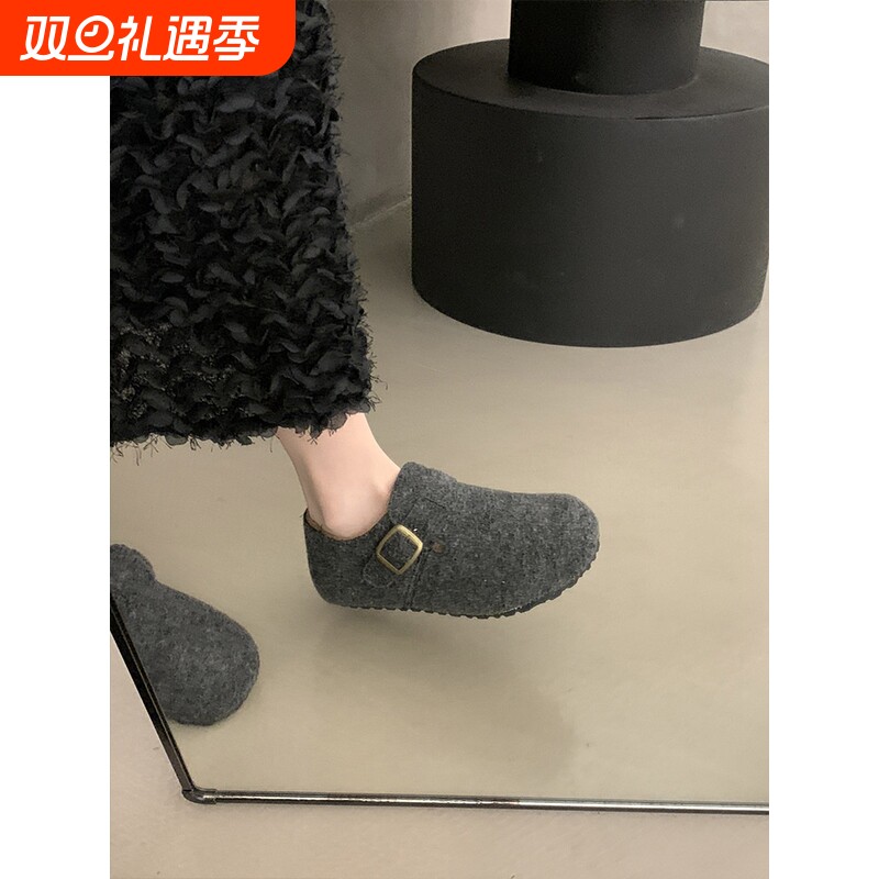 厚底灰色毛呢全包勃肯鞋女2025新款秋冬一脚蹬加绒豆豆鞋博肯棉鞋