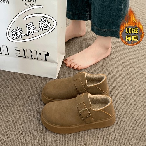 真皮加绒勃肯鞋女2025新款冬季保暖二棉鞋孕妇乐福鞋34时尚防滑