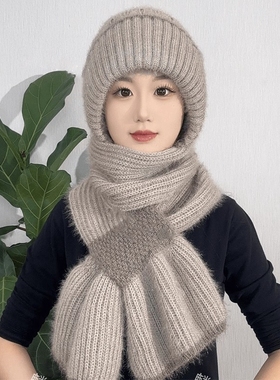 围巾一体加绒加厚女冬季毛线编织风雪帽松鼠绒保暖网红帽针织红色