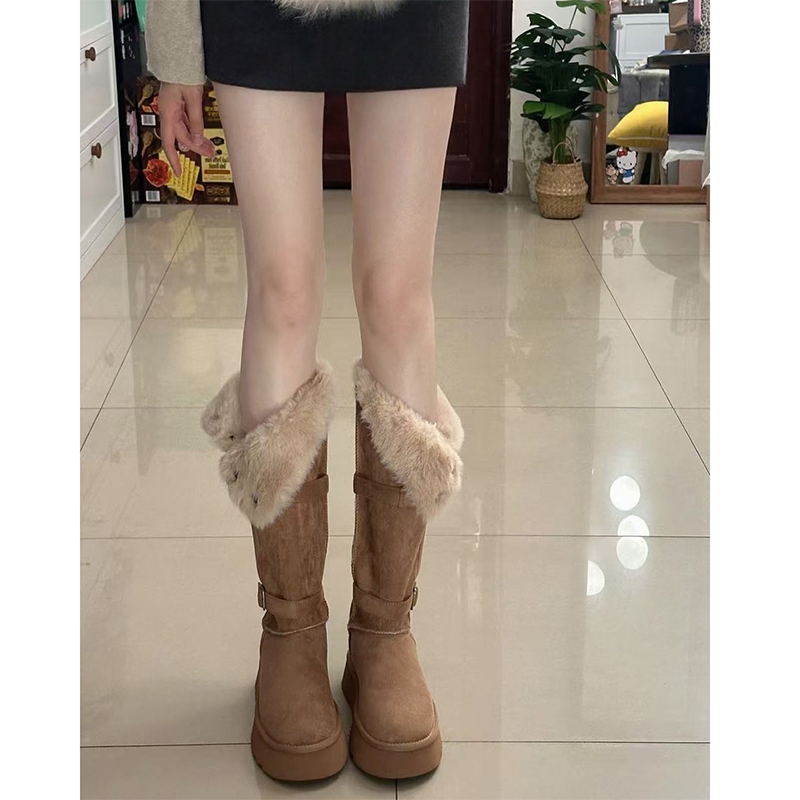 厚底加绒雪地靴女款2025新款冬季防水加厚保暖棉鞋高筒长筒靴灰色