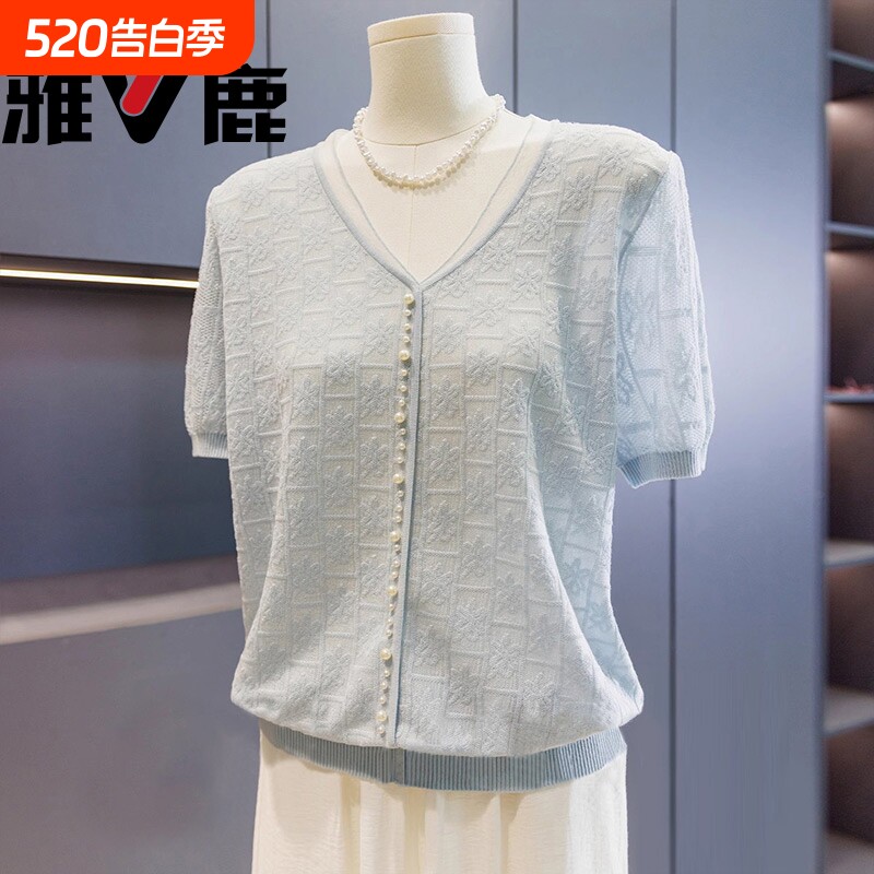 雅鹿时髦洋气妈妈装针织衫女短袖2026夏装上衣气质百搭中老年T恤
