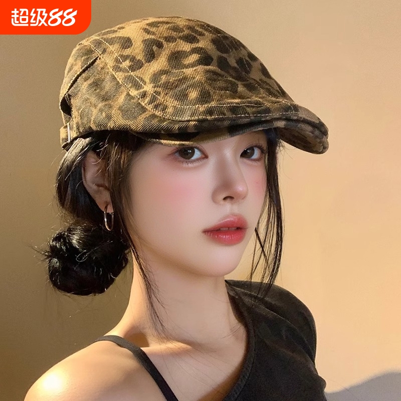 豹纹前进帽贝雷帽美式复古辣妹女秋小众y2k大头围百搭显脸小帽子