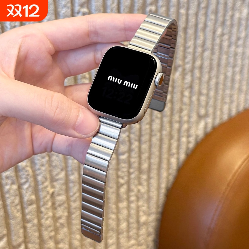 表带适用applewatch竹节磁吸金属细iWatch10/9/8/7小蛮腰钢带不锈钢苹果手表se高级腕带女夏季黑色表盘银色