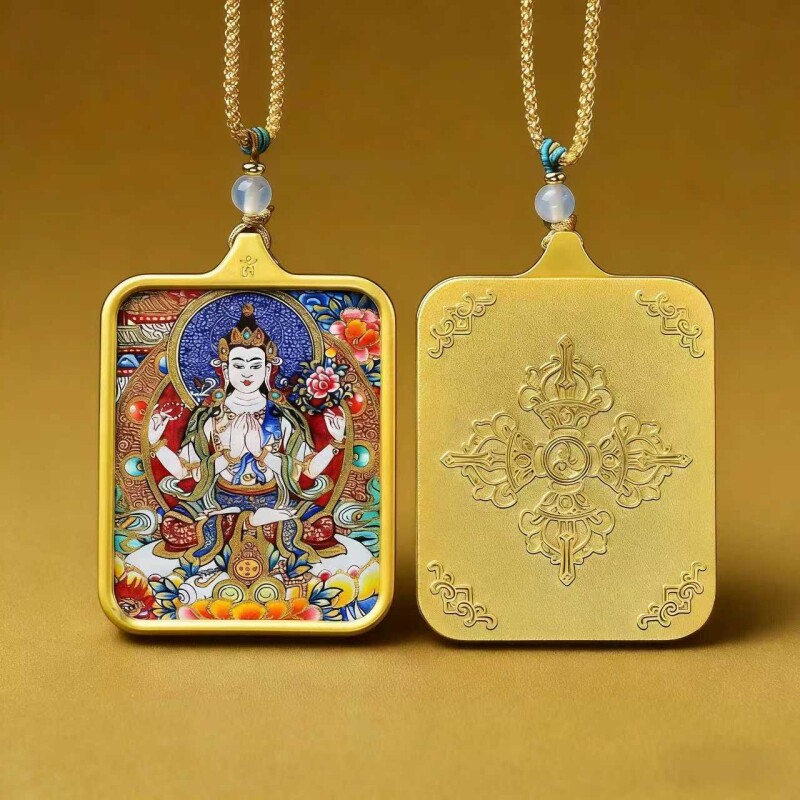 唐卡藏式扎基拉姆项链手工画芯描金佛牌吊坠五爷守护神限量版