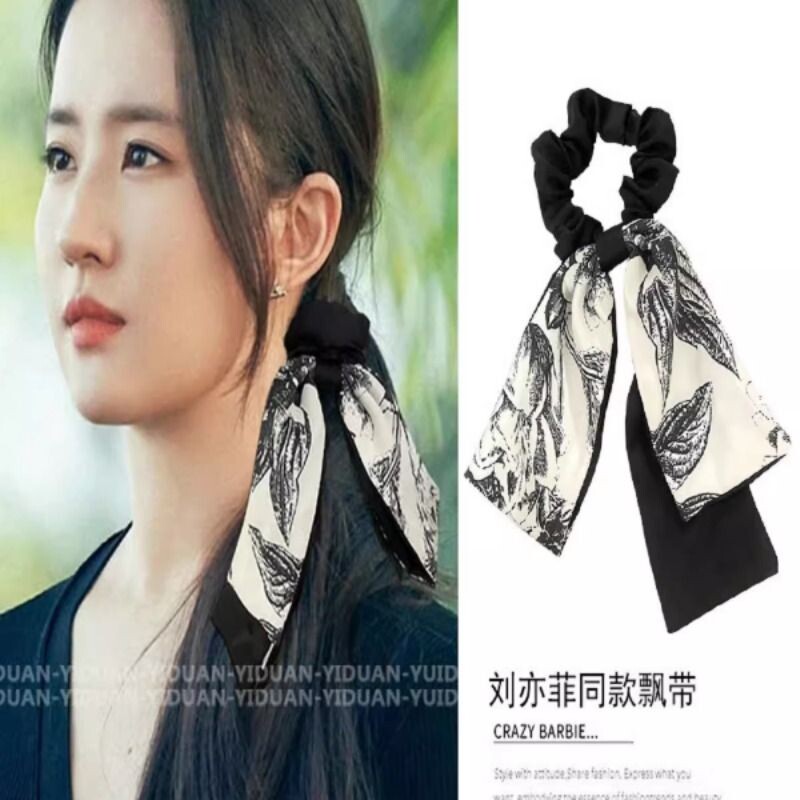 法式复古印花飘带发圈气质发带女绑发大肠圈头绳马尾发绳黑色中式