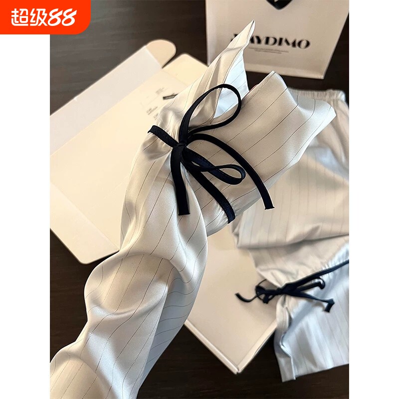蝴蝶结条纹冰丝睡衣女春夏款长袖图片