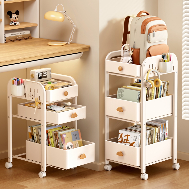 书包落地置物架学习桌儿童学习书本零食小推车桌下可移动收纳柜子