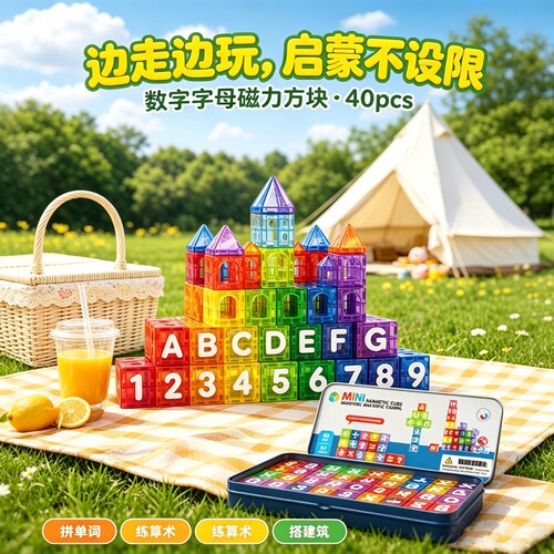 儿童磁力方块积木铁盒字母数字拼图益智几何立方体早教拼装玩具