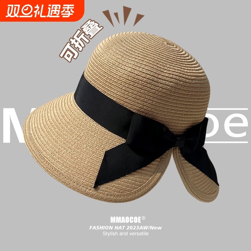 法式草帽海边遮阳可折叠扎马尾蝴蝶结显脸小防晒太阳帽度假渔夫