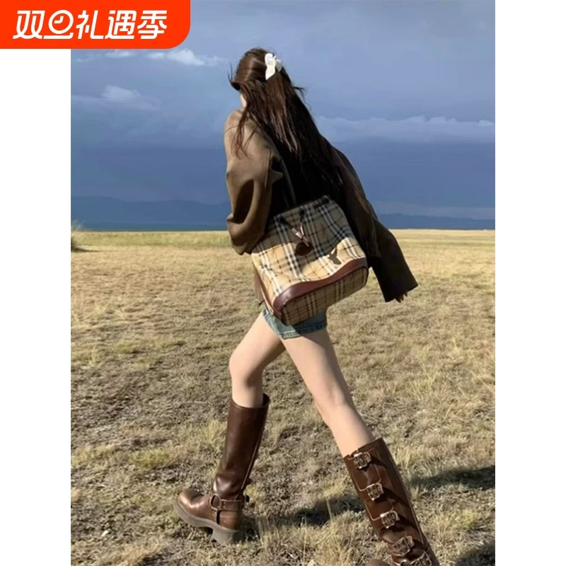 靴子女夏复古高筒靴骑士靴机车靴长筒靴牛仔靴鞋子皮带扣黑色西部