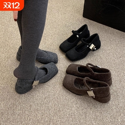灰色玛丽珍毛毛鞋女冬外穿新款法式呢子粗跟单鞋女加绒高跟鞋宽脚