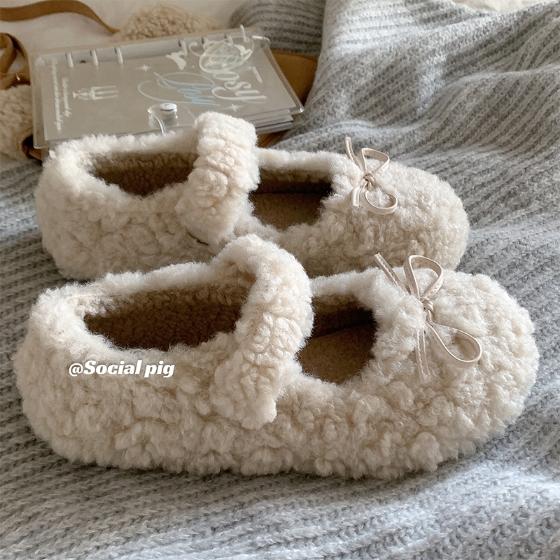 甜美感十足~奶白色加绒玛丽珍毛毛鞋女冬羊羔毛平底保暖豆豆棉鞋