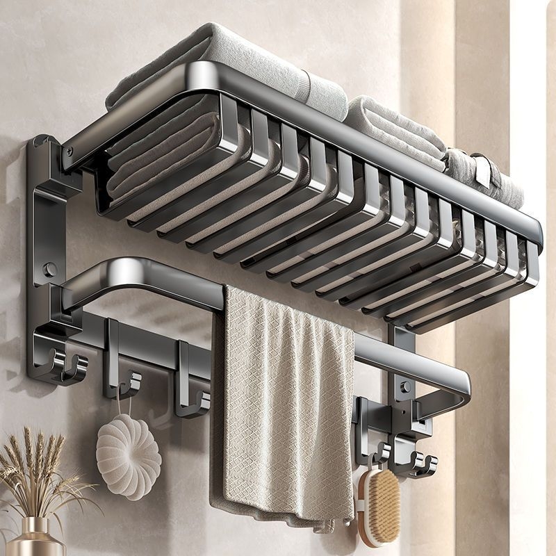 毛巾架卫生间置物架一体免打孔浴室厕所太空铝折叠网篮浴巾架收纳