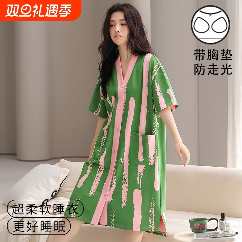 睡裙女款夏季薄款带胸垫可外穿2025新款高级感韩版睡衣绿色家居服
