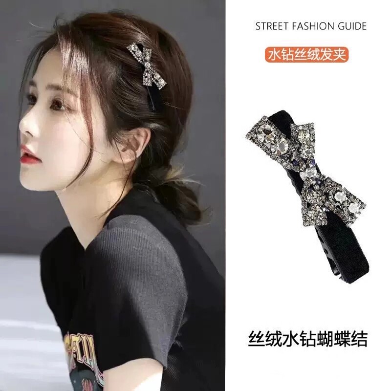 水钻蝴蝶结发夹丝绒刘海夹侧边夹女前额精致网红碎发专用夹鸭嘴夹