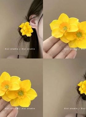 超仙多巴胺黄色双生花发夹甜美可爱边夹氛围感刘海夹盘发器发卡