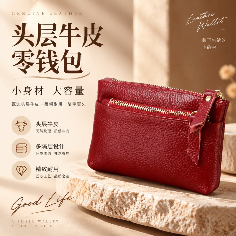 真皮小零钱包女迷你钥匙三层										