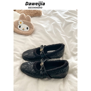 黑色小香风芭蕾舞鞋 女2025秋冬新款 加绒玛丽珍鞋 内增高3CM毛毛鞋